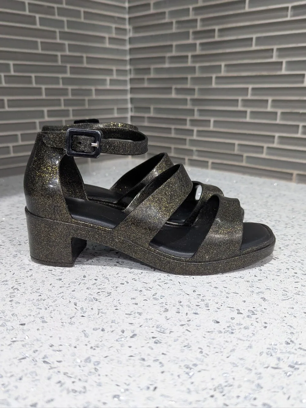 Mini Melissa Kids Black Gold Glitter Model Strappy Sandal Summer Girl Size 31 13